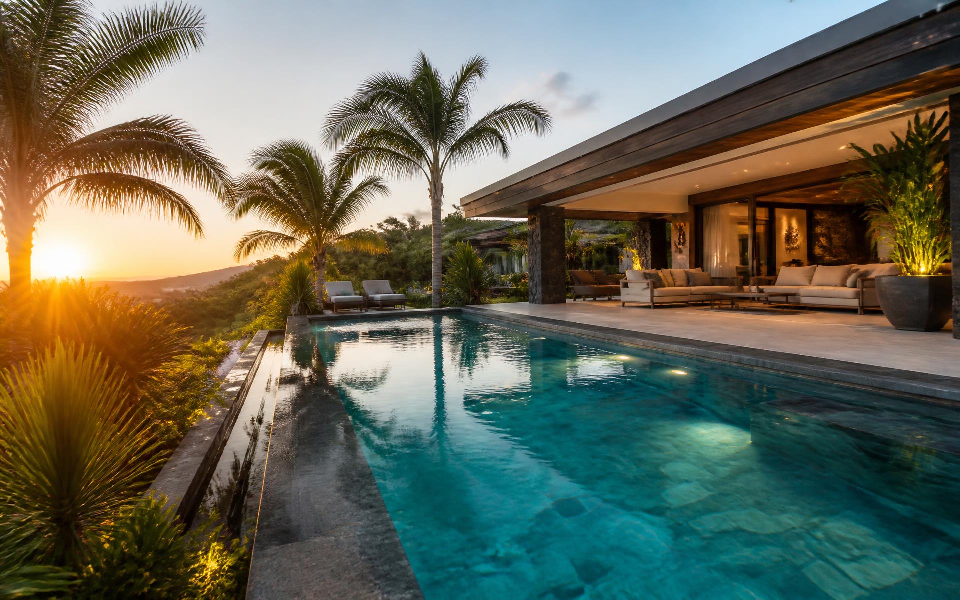 Villa Seviora avec sa piscine chauffée en pierres naturelles au coucher du soleil